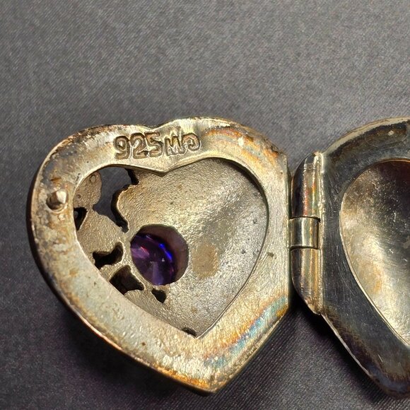 VTG Charles Winston Sterling Silver Amethyst Heart Locket Pendant 1" Signed CW - Picture 4 of 12